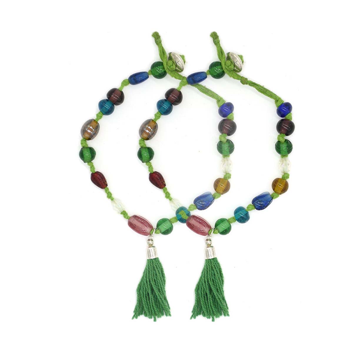 Wholesale Anklets – Pair of Anklets – Green Thread – Hand-Beaded Glass Beads – Tassels – Unique Jewelry Collection
